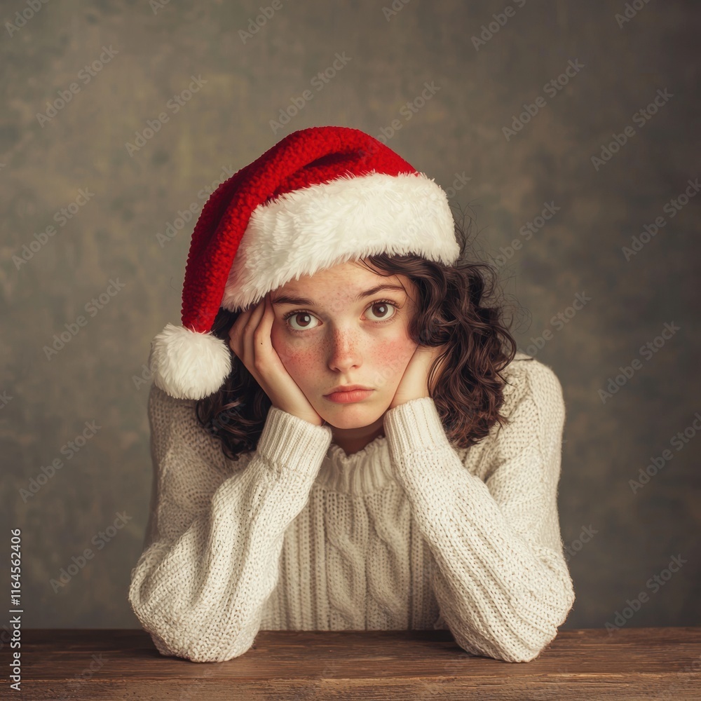 Young Woman in Santa Hat with Pensive Expression at Holiday Season Young Woman in Santa Hat with Pensive Expression at Holiday Season