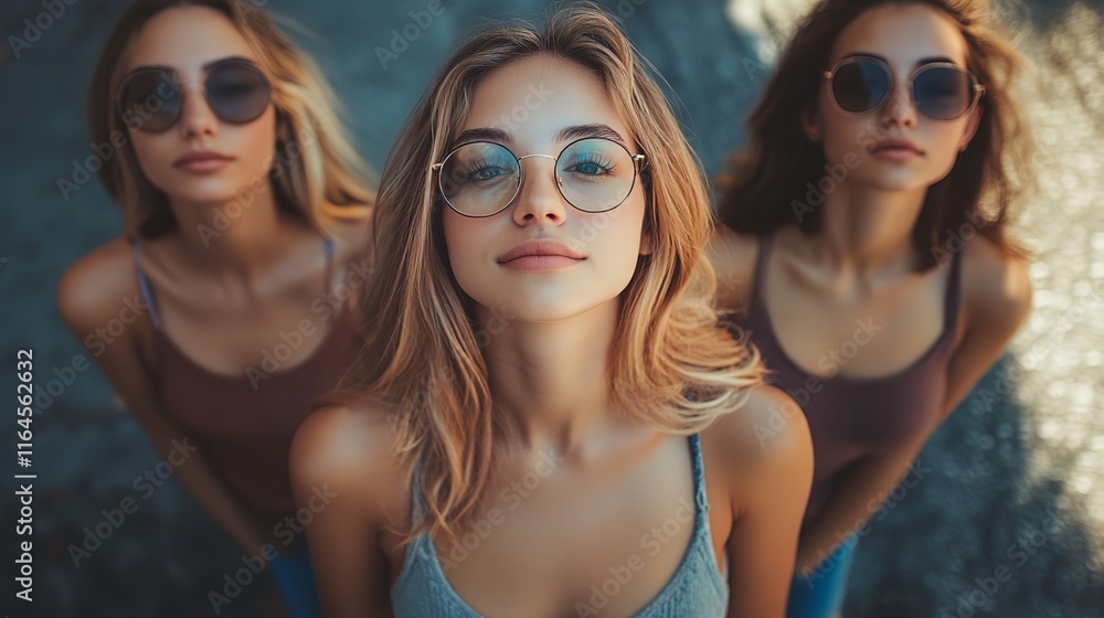 Three women wearing glasses and tank tops are standing together Three women wearing glasses and tank tops are standing together