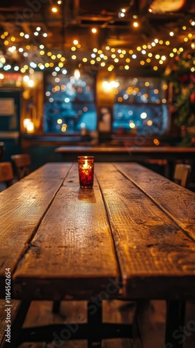 Cozy dining table with a candle in a warmly lit restaurant during evening hours
