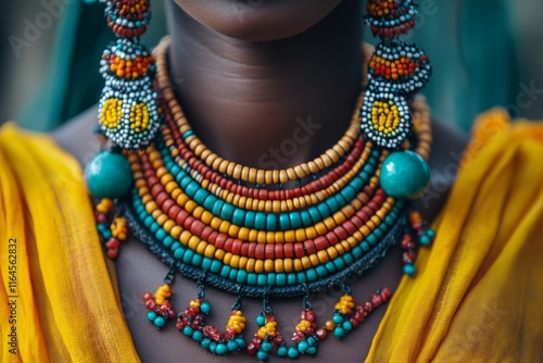 Stunning close-up of a woman showcasing traditional jewelry with intricate de...