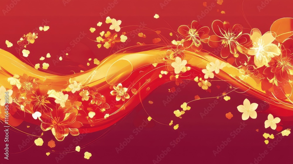 Vibrant abstract Spring Festival design with flowing golden symbols, set against a rich red background. Vibrant abstract Spring Festival design with flowing golden symbols, set against a rich red background.