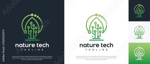 Green leaf technology logo design template. Nature leaf digital technology logo design vector icon