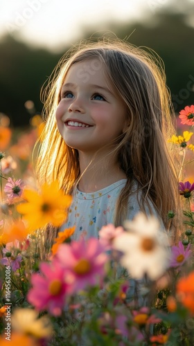 Young girl smiles joyfully among colorful wildflowers in sunny outdoor setting