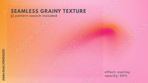 Seamless grainy texture for modern, trendy, retro designs. Overlay effect for creative grainy backgrounds, gradients, covers, banners. Pattern swatch included.