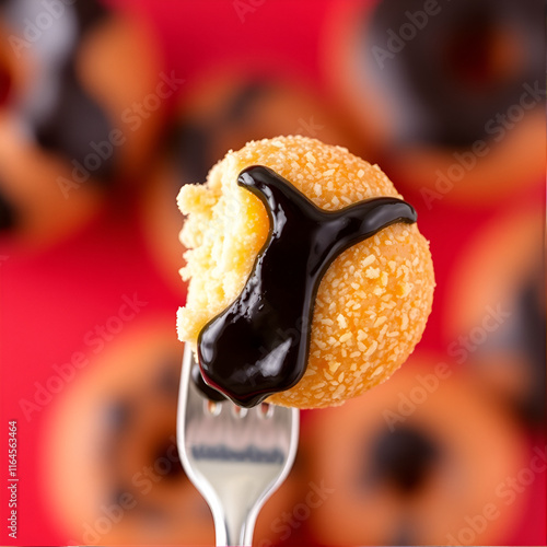 Donut with black glaze impaled on a silver  fork on the red background. Close-up. photo