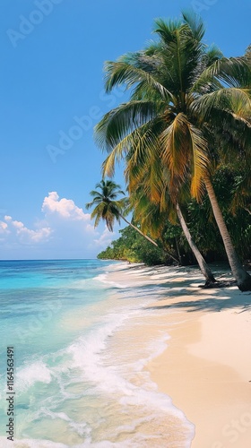 Tropical beach with clear blue water and swaying palm trees under sunny sky