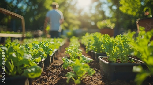 Gardening enthusiasts cultivate fresh vegetables in community garden during s...
