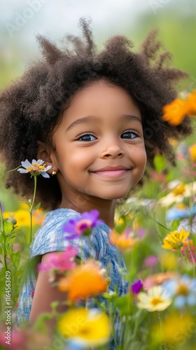 Young girl smiles joyfully among colorful wildflowers in sunny outdoor setting