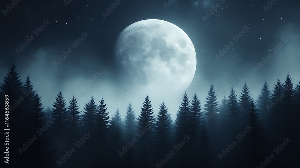 Full moon over misty pine forest at night. Full moon over misty pine forest at night.