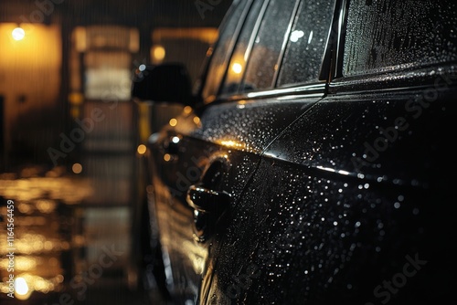 Raindrops glisten on a parked car during a nighttime storm in an urban setting
