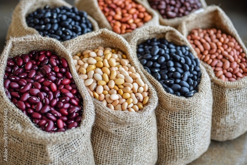 Colorful assortment of beans displayed in woven baskets at a market