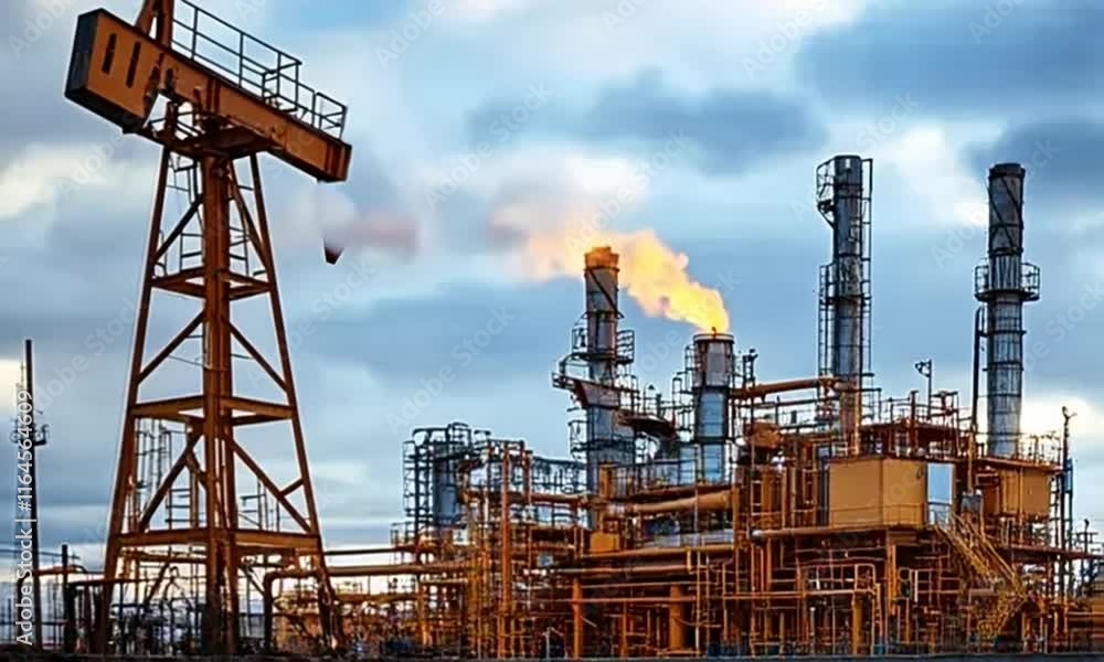 Industrial Oil Refinery Machinery, Smoke, and Flames in Energy Production, Showcasing Environmental Impact and Industrial Activity Under Cloudy Sky Industrial Oil Refinery Machinery, Smoke, and Flames in Energy Production, Showcasing Environmental Impact and Industrial Activity Under Cloudy Sky