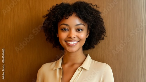 retrato alegre de una mujer joven con cabello rizado natural, piel brillante en tono caramelo y ojos expresivos, su sonrisa radiante crea un ambiente acogedor y seguro photo