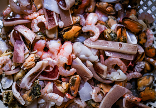 Seafood mix frozen food from mussel meat, squid rings and prawns