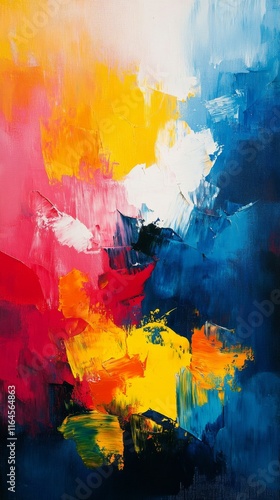 Vibrant abstract painting with bold colors blending together in dynamic compo...