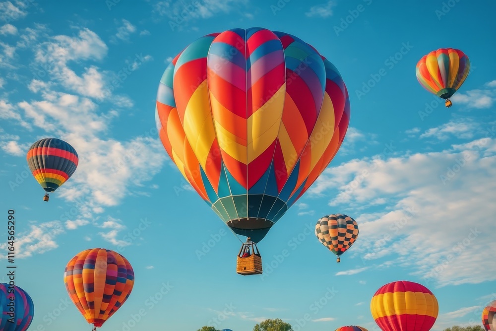 Fototapeta premium Colorful hot air balloons soaring in a blue sky during a sunny day