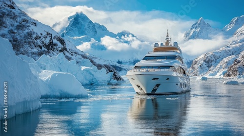 Luxury yacht navigating through icy waters surrounded by majestic mountains i...