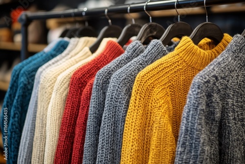 Colorful knitted sweaters displayed on a rack in a cozy boutique during autumn