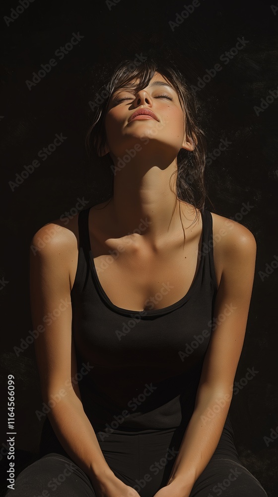 Serenity in dramatic ambient light: female figure in relaxed pose capturing tranquility and contemplation Serenity in dramatic ambient light: female figure in relaxed pose capturing tranquility and contemplation