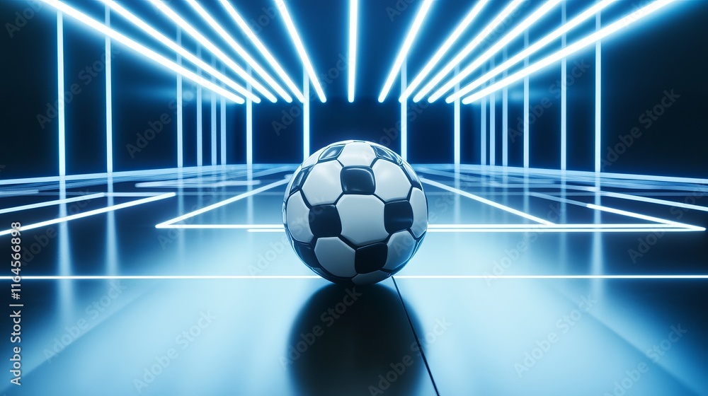 Naklejka premium Futsal ball centered in a futuristic indoor soccer stadium with glowing white field lines 3D illustration