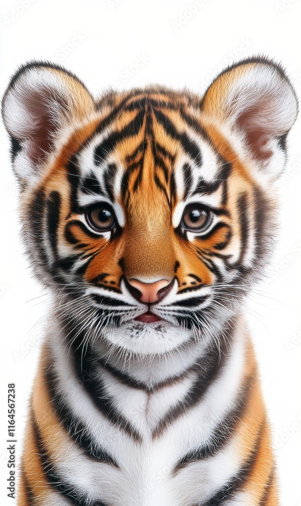Fototapeta premium Cute tiger cub with striking orange and black fur against a white background