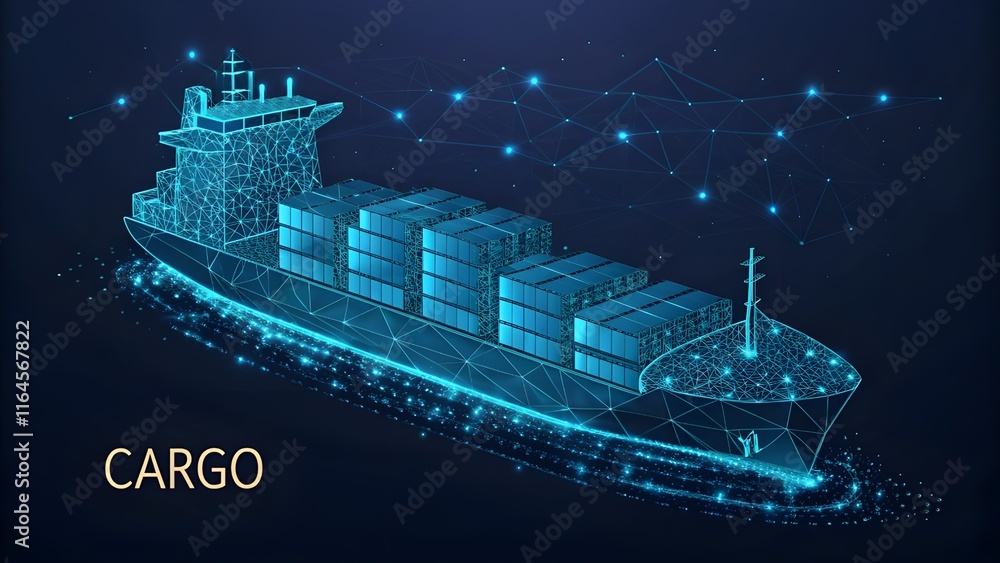 Fototapeta premium Abstract low poly 3d cargo ship isolated in dark blue background. Container ships, transportation, logistics or international shipping concept. Digital vector mesh illustration 