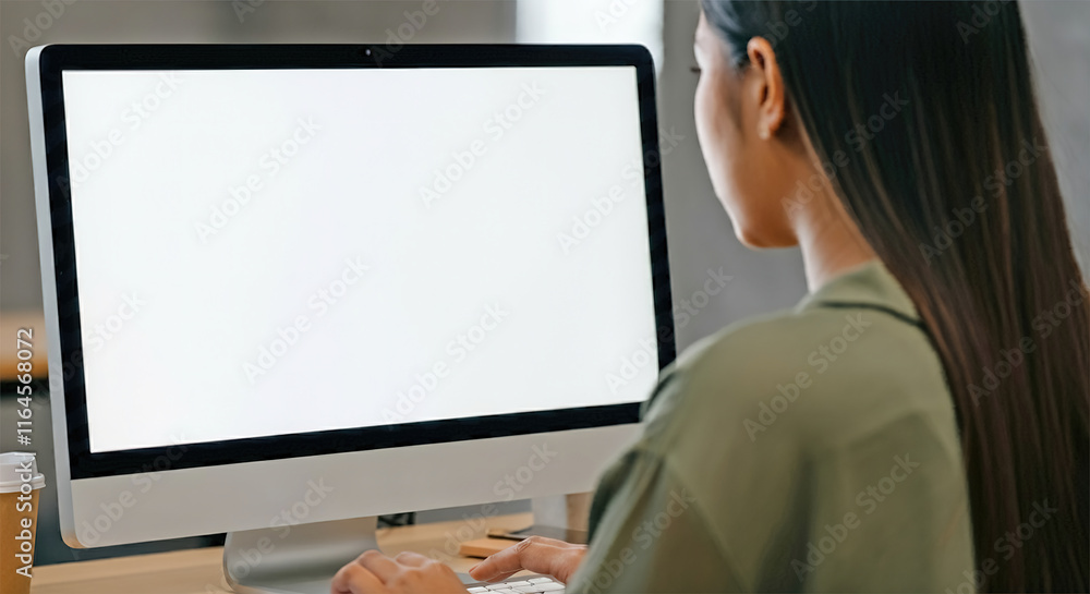 Shoulder to back view. young woman using computer at workplace close up view of white screen. mock up banner for website header design with copy space for text Shoulder to back view. young woman using computer at workplace close up view of white screen. mock up banner for website header design with copy space for text