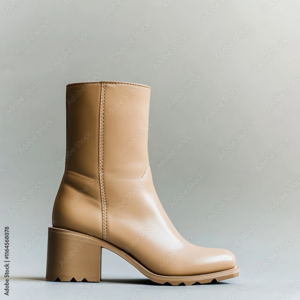 Beige leather ankle boots with a block heel. Beige leather ankle boots with a block heel.