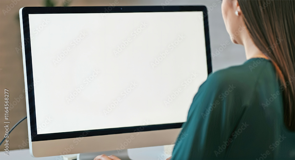Shoulder to back view. young woman using computer at workplace close up view of white screen. mock up banner for website header design with copy space for text Shoulder to back view. young woman using computer at workplace close up view of white screen. mock up banner for website header design with copy space for text