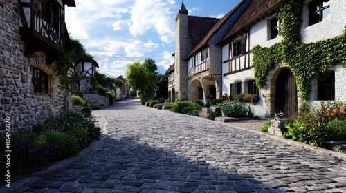 A cobblestone street with a row of houses on either side photo