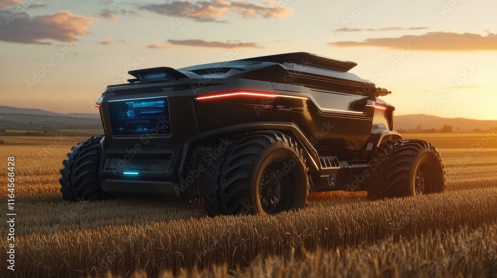 Fototapeta premium A futuristic vehicle in a golden field at sunset, showcasing advanced technology and design.