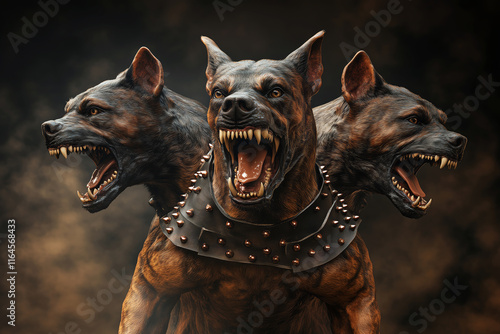 Cerberus hell hound Mythological three-headed dog the guard of the entrance to hell. Hound of Hades with chain on his neck. Standing pose, front view.
