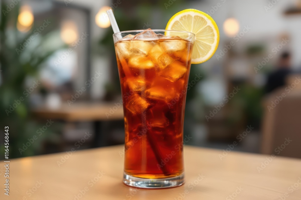 Glass of cold refreshing tea with ice cubes and lemon slices placed on table in cafe Glass of cold refreshing tea with ice cubes and lemon slices placed on table in cafe
