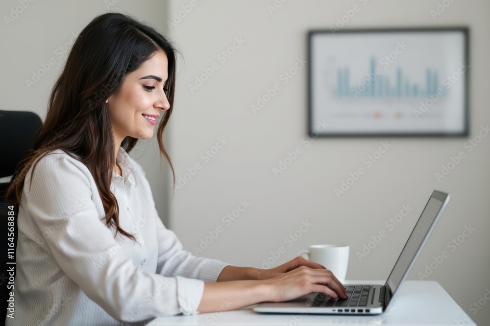 Young woman sitting at desk- using laptop