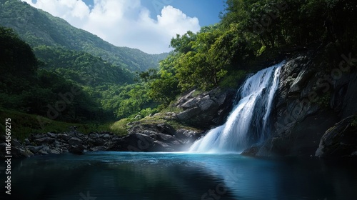 A waterfall is flowing into a river in a lush green forest