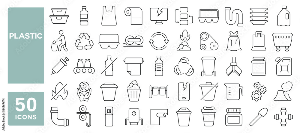 Set of 50 line icons related to plastic, package, garbage, waste, plate, vinyl, recycle, dumpster, pipe, bottle, Editable stroke. Vector illustration Set of 50 line icons related to plastic, package, garbage, waste, plate, vinyl, recycle, dumpster, pipe, bottle, Editable stroke. Vector illustration