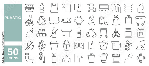 Set of 50 line icons related to plastic, package, garbage, waste, plate, vinyl, recycle, dumpster, pipe, bottle, Editable stroke. Vector illustration