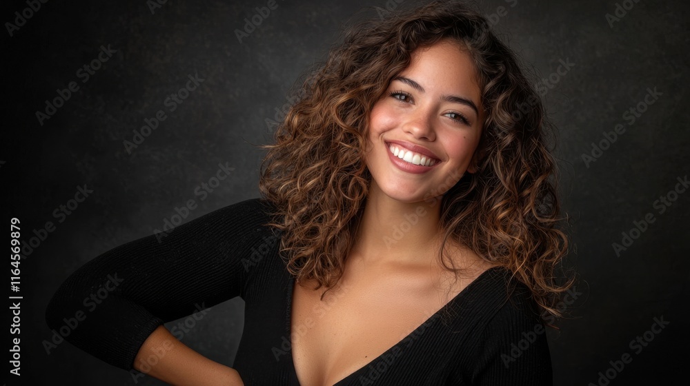 Fototapeta premium A woman with curly hair is smiling and posing for a photo