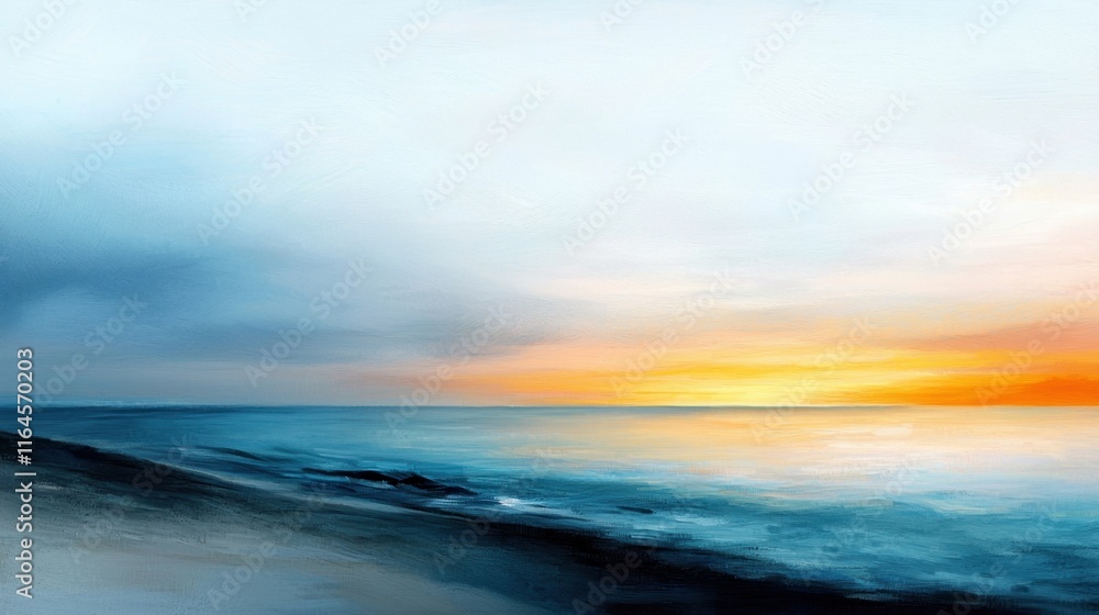 Fototapeta premium A painting of a beach with a calm ocean and a beautiful sunset