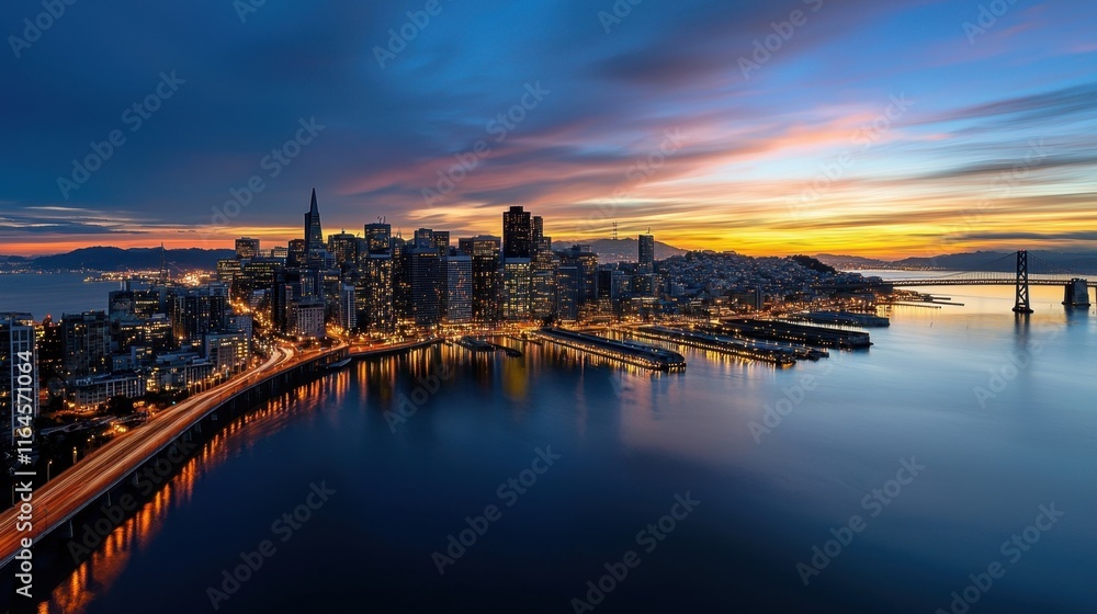 A city skyline with a bridge in the background and a large body of water A city skyline with a bridge in the background and a large body of water