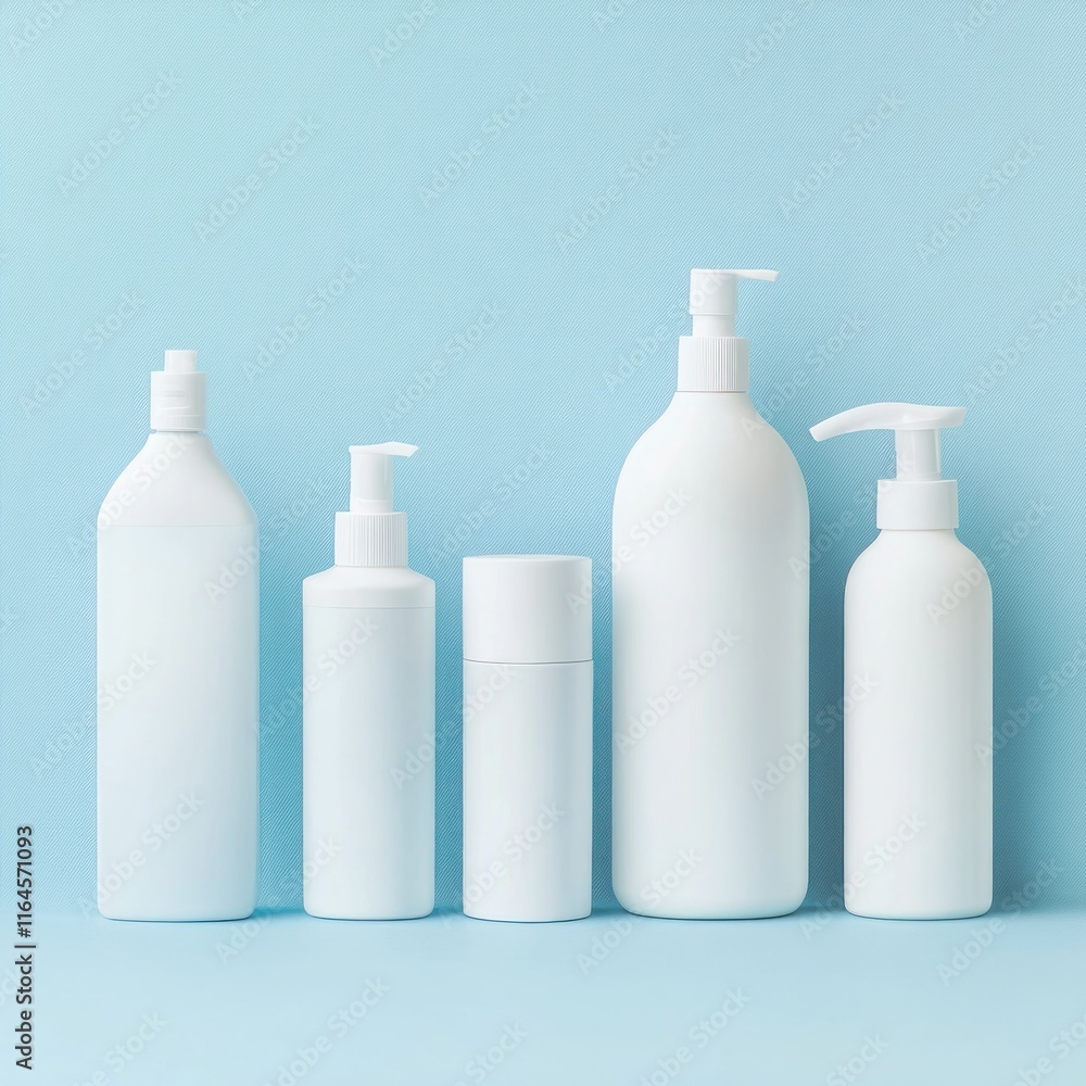 Five white cosmetic bottles on blue background. Five white cosmetic bottles on blue background.