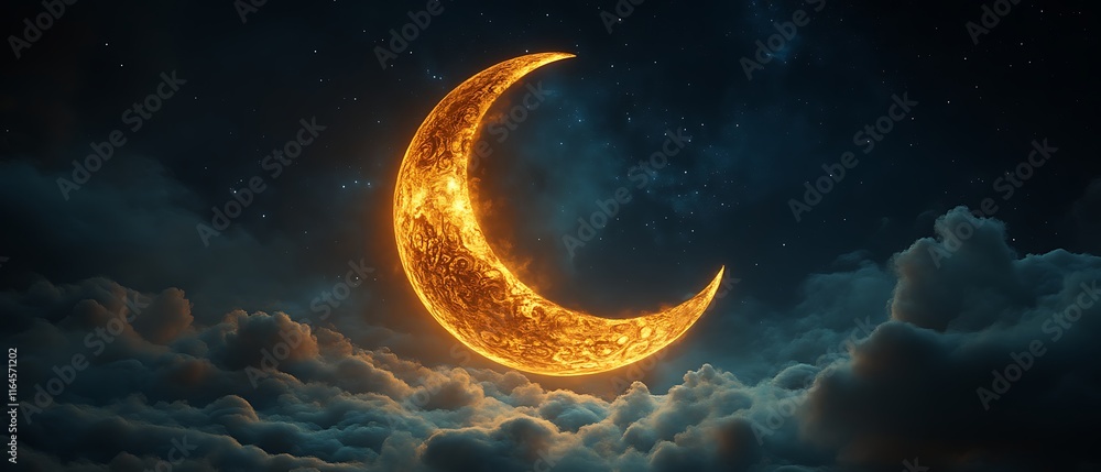 Fiery crescent moon above dark clouds. Fiery crescent moon above dark clouds.