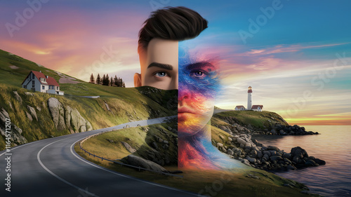 Create a mesmarising seaside hillside Landscape paper Qulling colourful artwork masterpiece illustration Colour is melting, 3d render, conceptual art on a stylish man top-model face photo