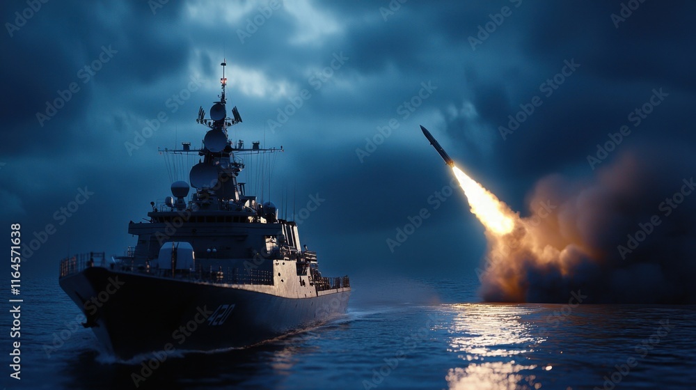 Naklejka premium A large ship is in the water with a rocket in the air