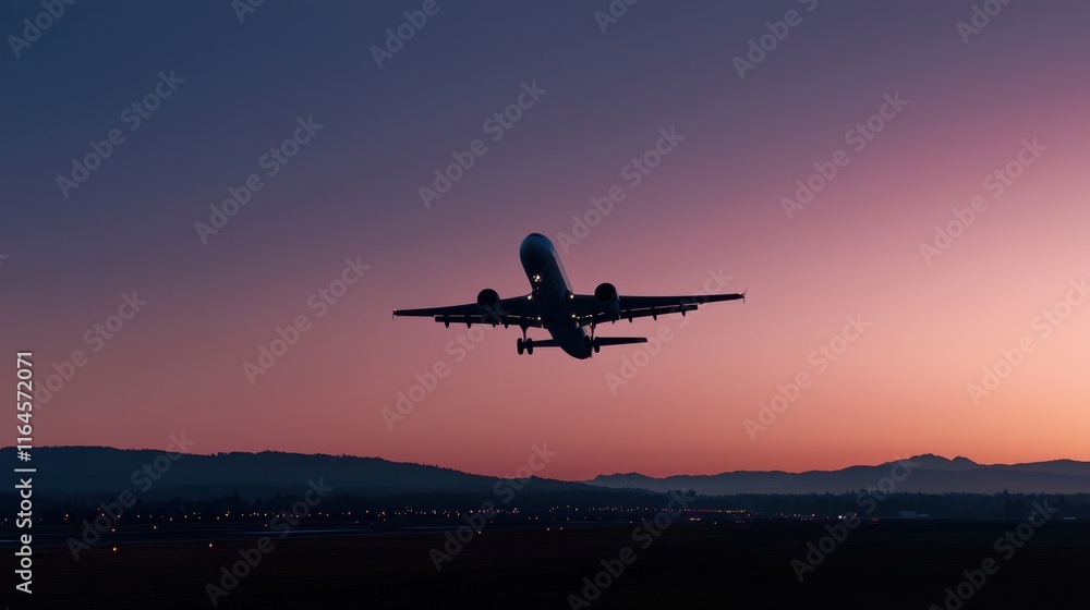 A large jet is flying through the sky at dusk A large jet is flying through the sky at dusk