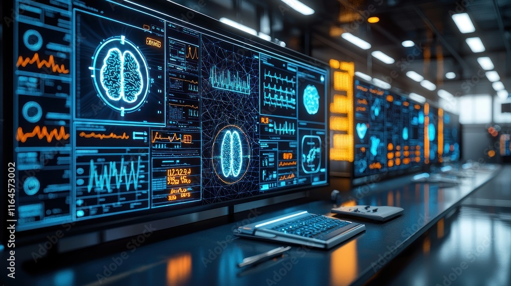 Futuristic control room with brain scan interface. Futuristic control room with brain scan interface.