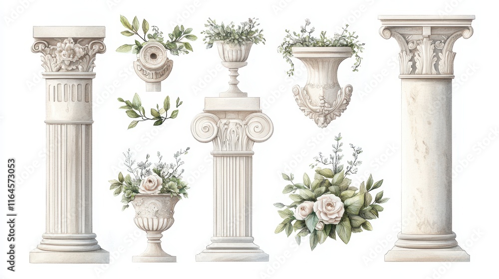 Naklejka premium Elegant Arrangement of Four White Vases Filled with Colorful Flowers and Lush Green Leaves Creating a Serene Atmosphere
