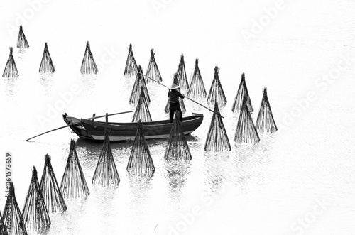 silhouette of a boat among fishing nets photo