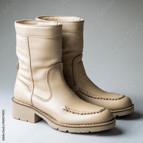 Pair of beige leather ankle boots with stitching detail. photo