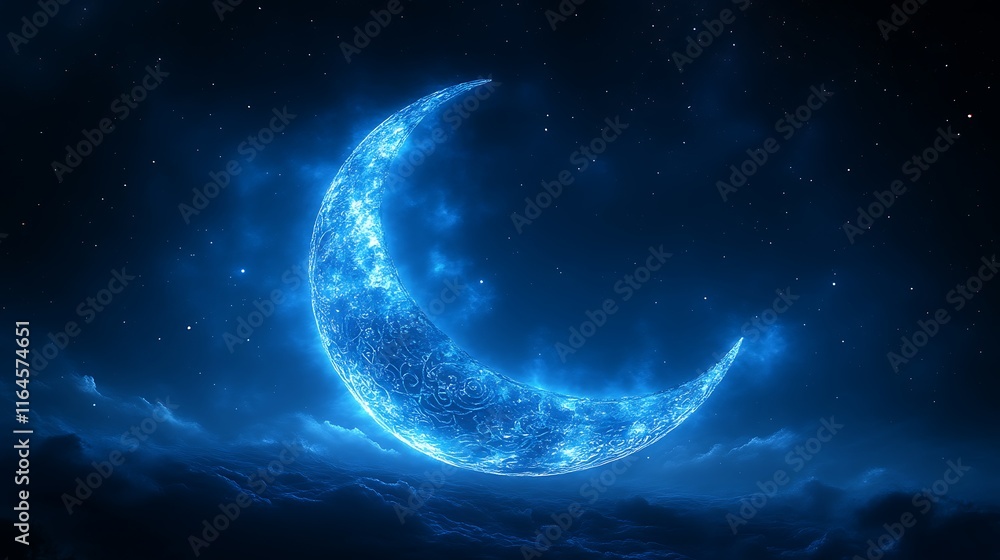 Glowing blue crescent moon in night sky. Glowing blue crescent moon in night sky.